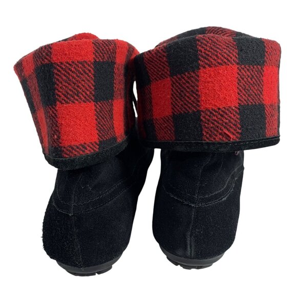 Minnetonka Black Suede Fold Over Plaid Hi Top Ankle Boots Lace Up SZ 9.5 EUC - Picture 4 of 7